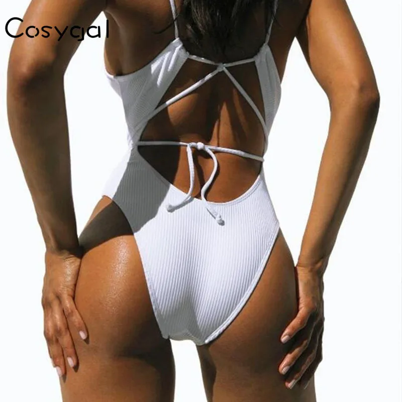 

COSYGAL Spaghetti Strap Sexy Cross Bandage Deep V Neck Women Jumpsuit Rompers Backless Hollow Out Bodysuit Summer Beach Wear