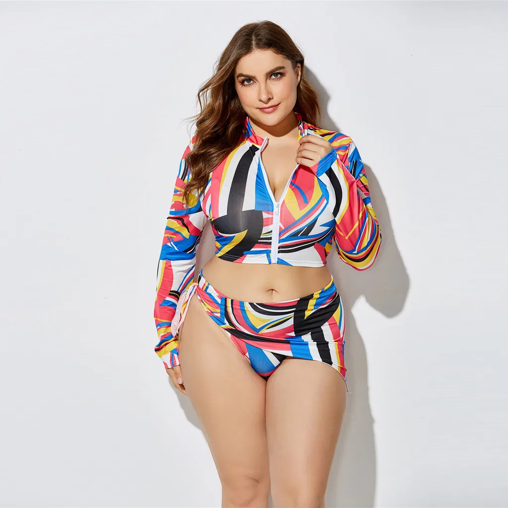 KANCOOLD Three-Piece Women's Swimwear High Waist Printing Long Sleeve Split Suit Brazilian Sexy Bathing Plus Size Swimsuit