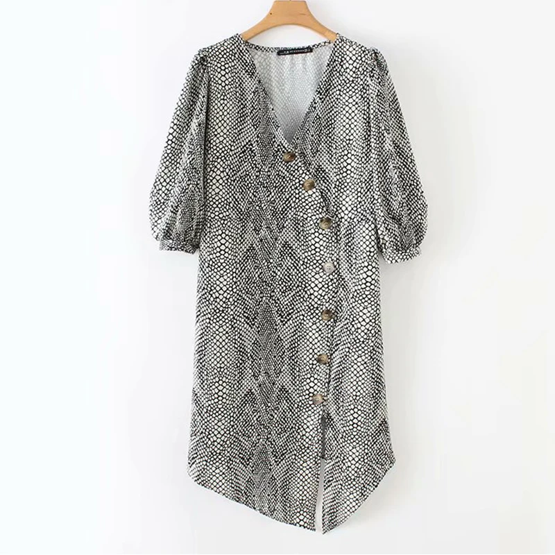 Women's Clothing Dress 2019 Lantern Sleeve Snake Print V-Neck Dress Ms Summer Street Sexy Leisure Temperament Clothing