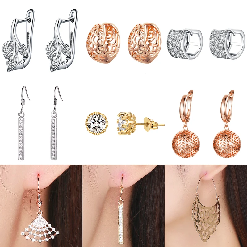 

BISAER Cheap Earrings Silver Color Geometric Simple Earrings Rose Gold Color Tree Leaves Cubic Zircon Women Earrings Jewelry