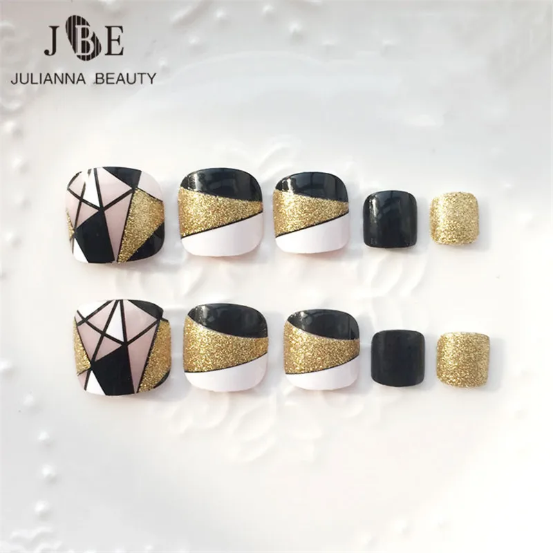 

24pcs/set Foot Nail Fake Nail Tips Toe Square Geometry Printing Full Cover Acrylic Gold Glitter False Natural Tips With Glue