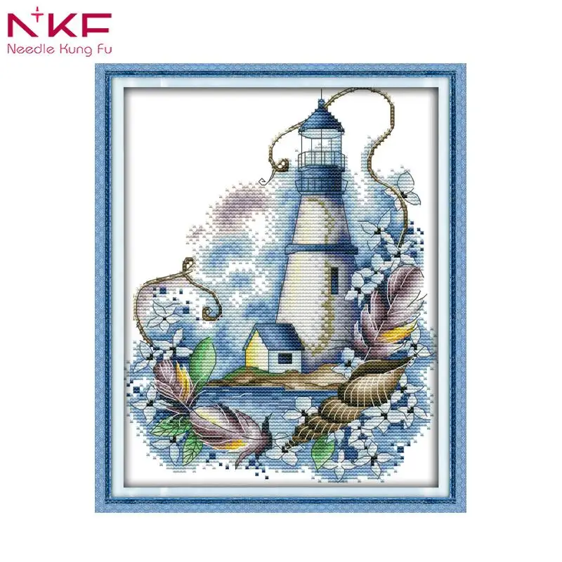 

NKF Blue Light house Scenic Cross Stitch Kits Embroidery Needlework Sets DMC Cross Stitch Kits Printed Fabric DIY Decor