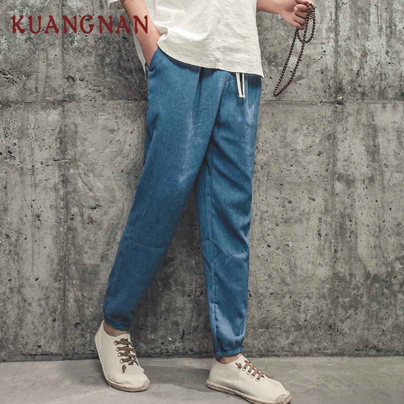KUANGNAN, китайский стиль, длина по щиколотку, льняные брюки, мужские джоггеры, уличная одежда, брюки, мужские штаны, хип-хоп шаровары, мужские джоггеры