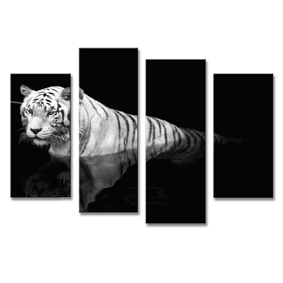 

Wall Art Poster Modern Home Decor Living Room 4 Pieces White Tiger Water Reflection Canvas Print Painting Modular Pictures Frame