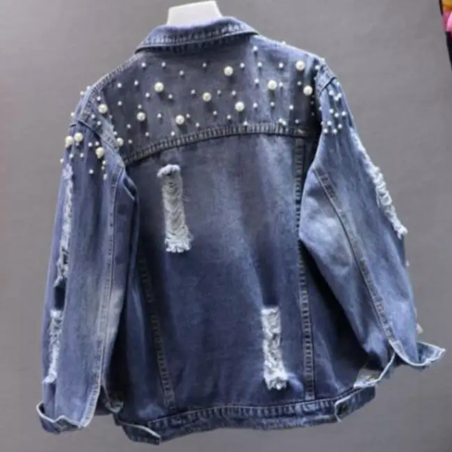 Beading Pearl Denim Jacket Women Casual Fashion Ripped Hole Turn Down