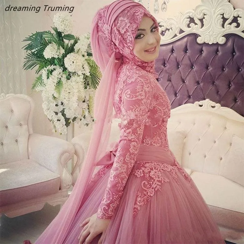 Арабский розовый мусульманское свадебное платье с хиджаб бальное платье принцессы аппликации кружево Исламская свадебное Свадебные