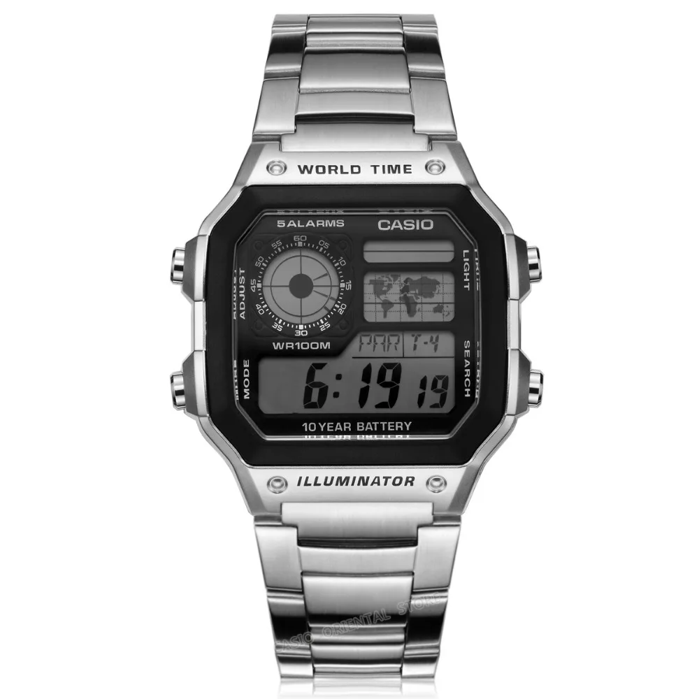 Casio лучший бренд роскошных Мужчин Спортивные AE-1200WHD-1A цифровые Часы Водонепроницаемый Полный Календарь Сигнализация нержавеющей стали группа Relogio