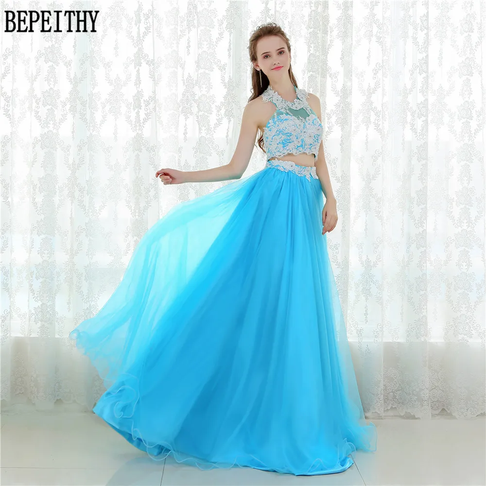 9   BEPEITHY New Design 2017 Long Two Pieces Prom Dresses Vestido De Festa Longo Lace Light Blue Tulle Prom Evening Party Dresses (8)