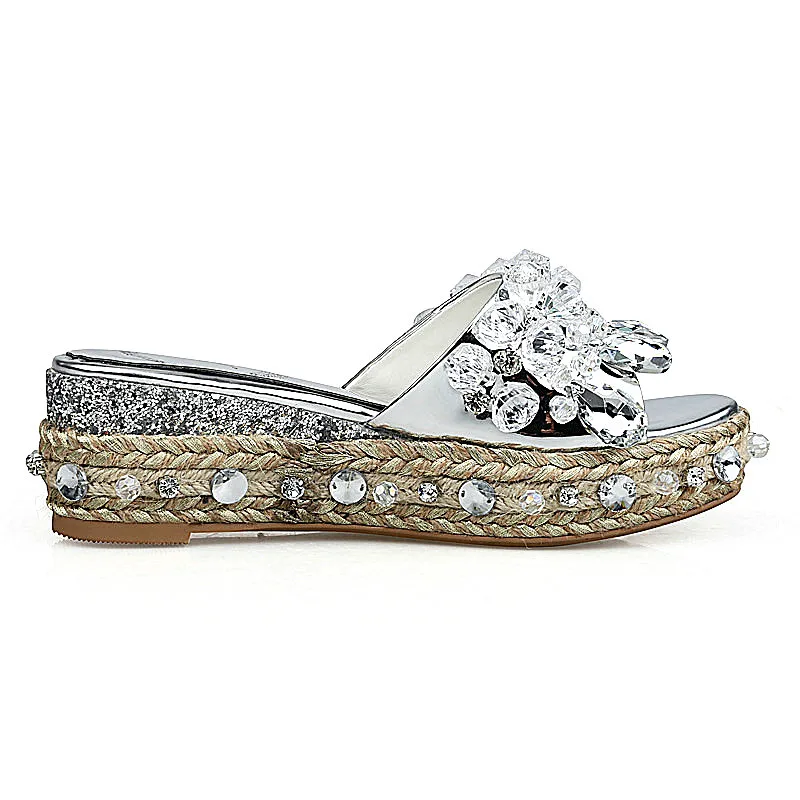 Genuino Plata Producto Cuña Mano Cuero Puros A Superior Mujeres Hechos Lujo Del Diamante Zapatillas De Zapatos Sandalias zqAwfza