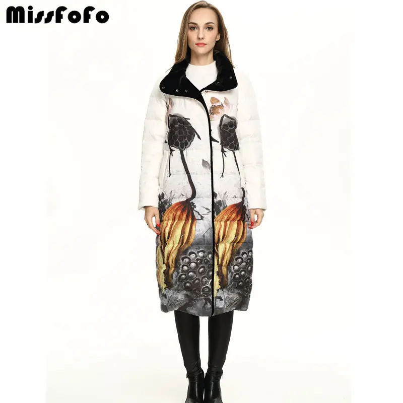 

MissFoFo 2018 Elegant Ink Pattern Vintage Chinese Style Outerwear Velvet Down Coat Female Long Design Fashion Winter Coat S-2XL