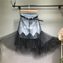 GETSRING, женские юбки, марлевые, комбинированные, Нестандартная, джинсовая юбка, высокая талия, слой сетки, Ретро стиль, подходит ко всему, размера плюс, летние юбки