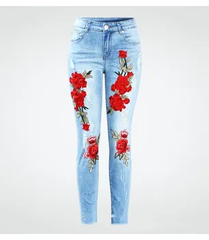 

Spring and summer large size elastic loose jeans 3D three-dimensional flowers embroidered in the waist to do the old hole