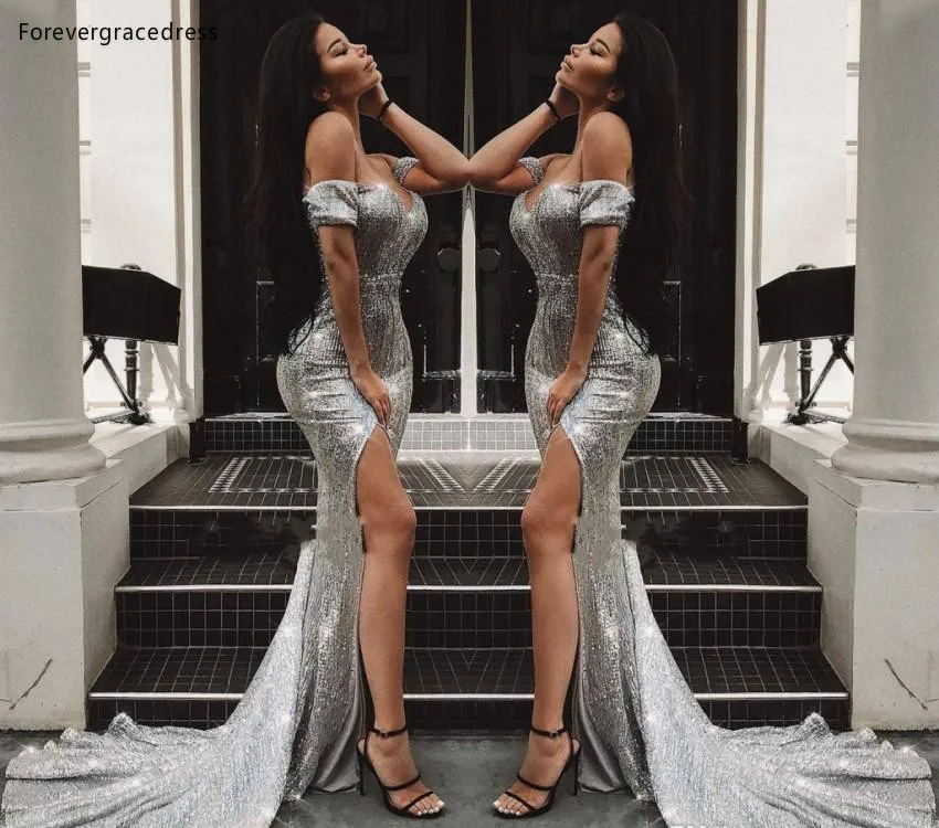 Reflective Silver Sequined Mermaid Prom Evening Dresses Elegant Off Shoulders Long Vestidos de fiesta Split Evening Gowns BC0792  119 (5)