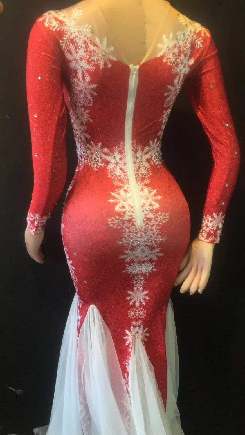 Блестящее платье со стразами, красное, белое, Сетчатое платье, трико с кристаллами, платья для рождественской вечеринки, длинное платье, женское вокальное шоу, костюм