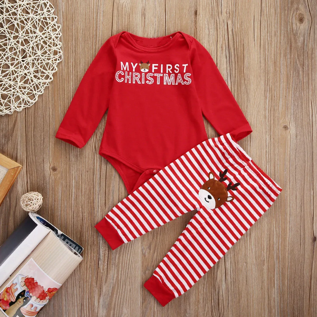 

Lovely Xmas 2Pcs Newborn Baby Boys Girls My First Christmas Romper Jumpsuit +Striped Elk Pants Cute Xmas Clothes Outfits Set