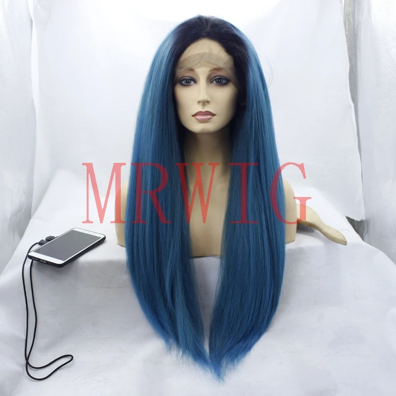 

MRWIG long light yaki straight front lace wig 1b# ombre mixed blue glueless free part 360g 150% swiss lace 26inch real hair wig