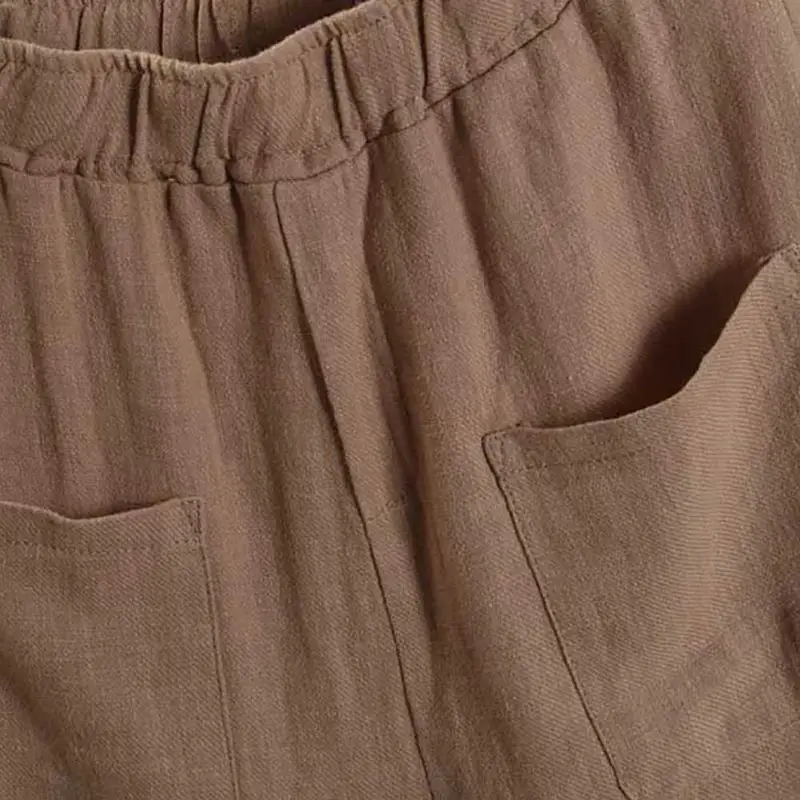 Женские эластичные с высокой талией повседневные брюки из хлопка и льняные брюки женские карманные свободные брюки