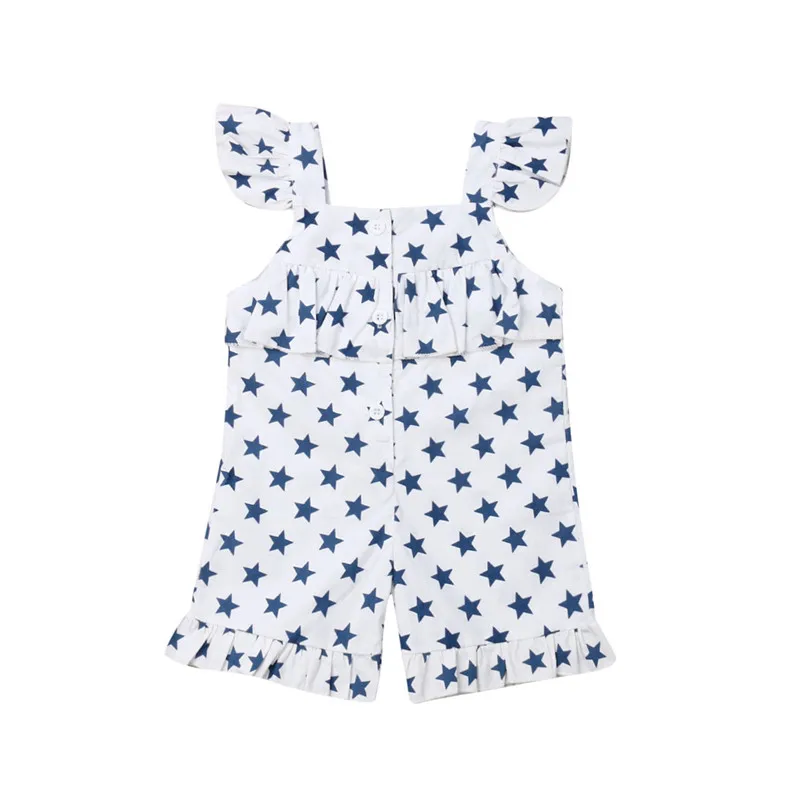 

2019 Summer Kids Baby Girl Rompers Sleeveless Strappy Star Print Playsuits Girl Cotton Clothes Ruffles Buttons Jumpsuits 1-5Y