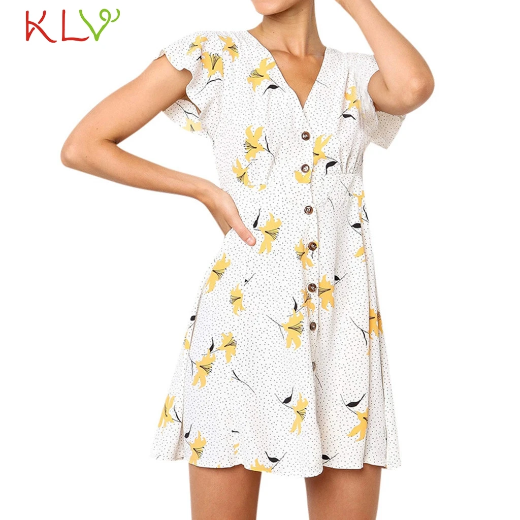 

Summer Dress Women V-neck Flower Casual Button Mini Dress Vintage Sexy Elegant Evening Party Robe Femme Hiver 2019 19Feb25