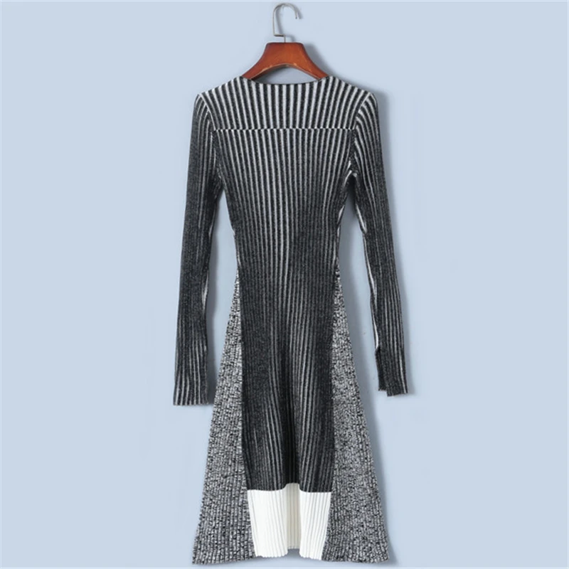 Tunjuefs дизайнерское тонкое элегантное платье с рукавами и разрезом, подиумное платье, новое зимнее платье в рубчик, Женский пуловер в полоску, вязаное платье