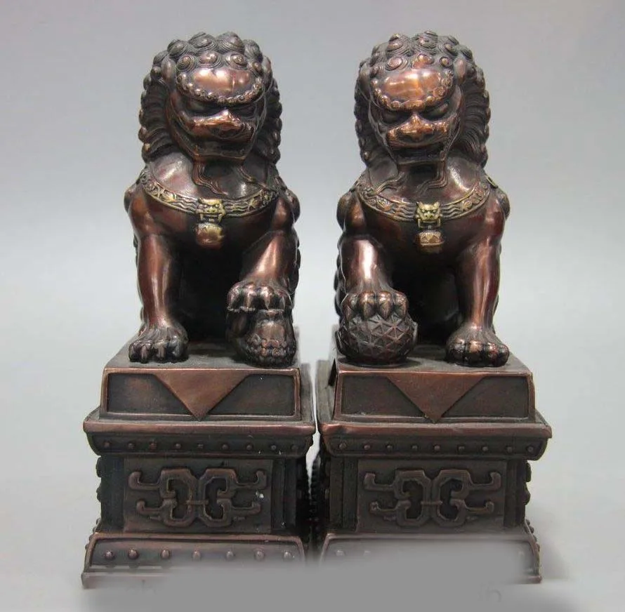 old China Copper bronze Door Fengshui Guardion Foo Fu Dog Lion Statue Lions Pair