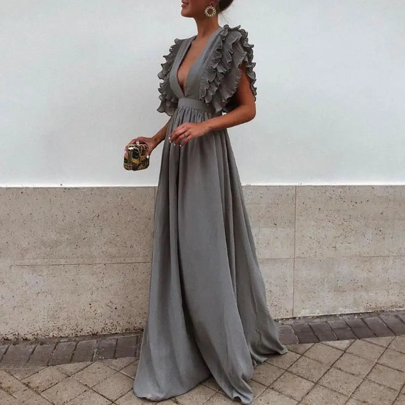 

New Fashion Women Dress Sexy Gray V Neck Backless Flying Short Sleeves Maxi Dress Summer Solid Beach Party Long Dress