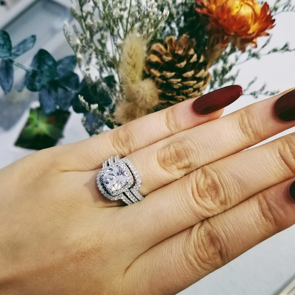 2019 new design Luxury 3 pcs 925 sterling Silver Ring cushion cut Engagement Wedding Ring for Women LR4308S
