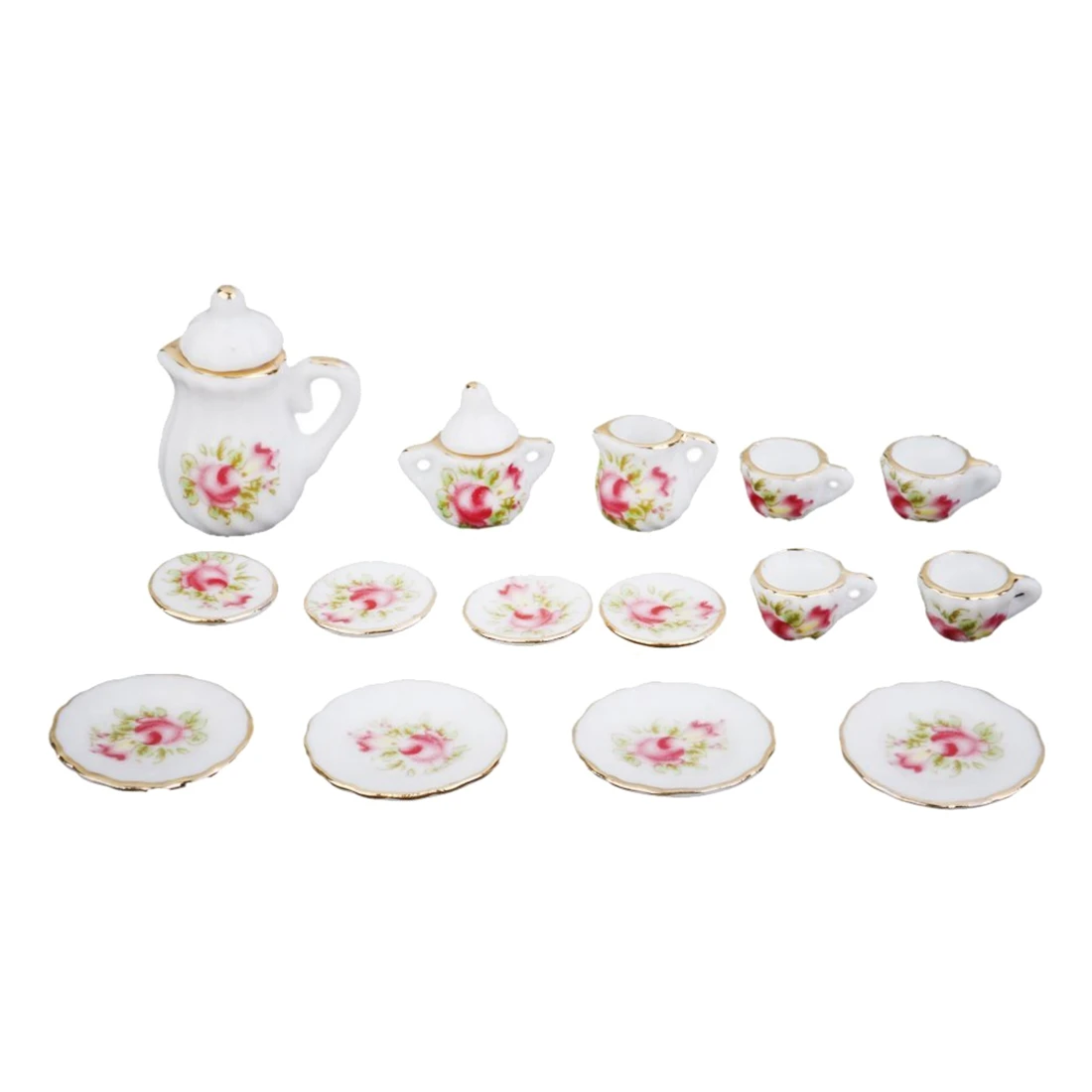 

ABWE Best Sale Dollhouse Miniature Ware Porcelain Tea Set Plate Mug Plate Pink Flower 15 Pcs