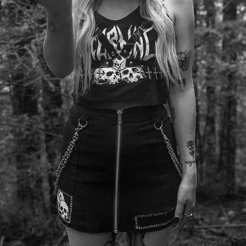 

JIEZUOFANG Gothic Dark Punk Suit Sexy Slender Pair Pants Chain Skeleton Printing Short Skirt A A-line Skirt World-weary