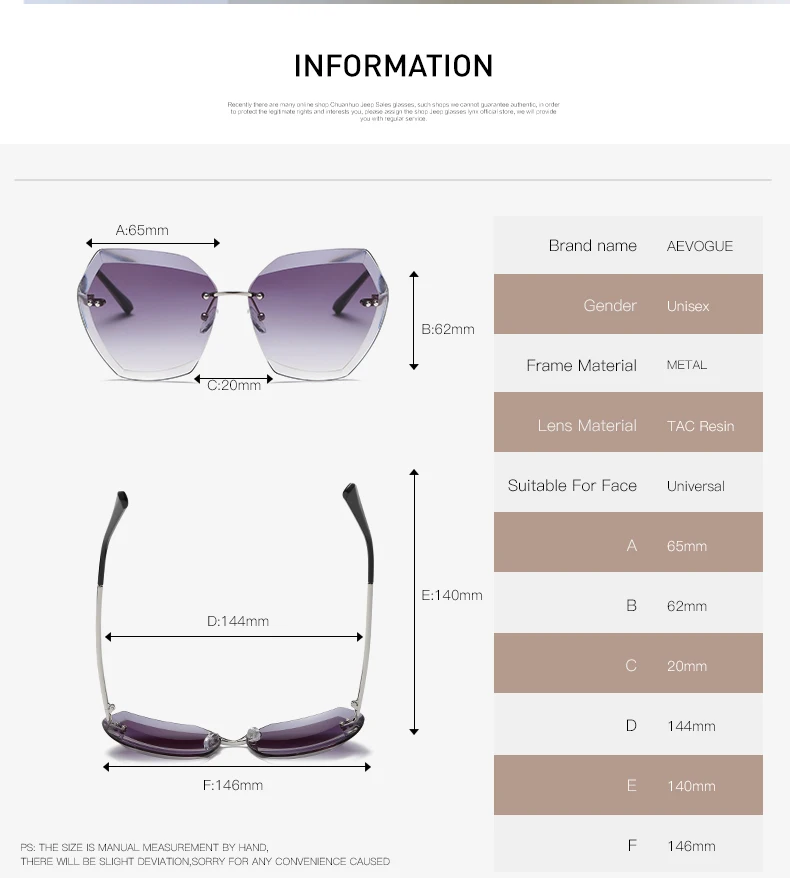 AEVOGUE, солнцезащитные очки для женщин, кошачий глаз, без оправы, алмазные режущие линзы, фирменный дизайн, модные солнцезащитные очки, AE0534