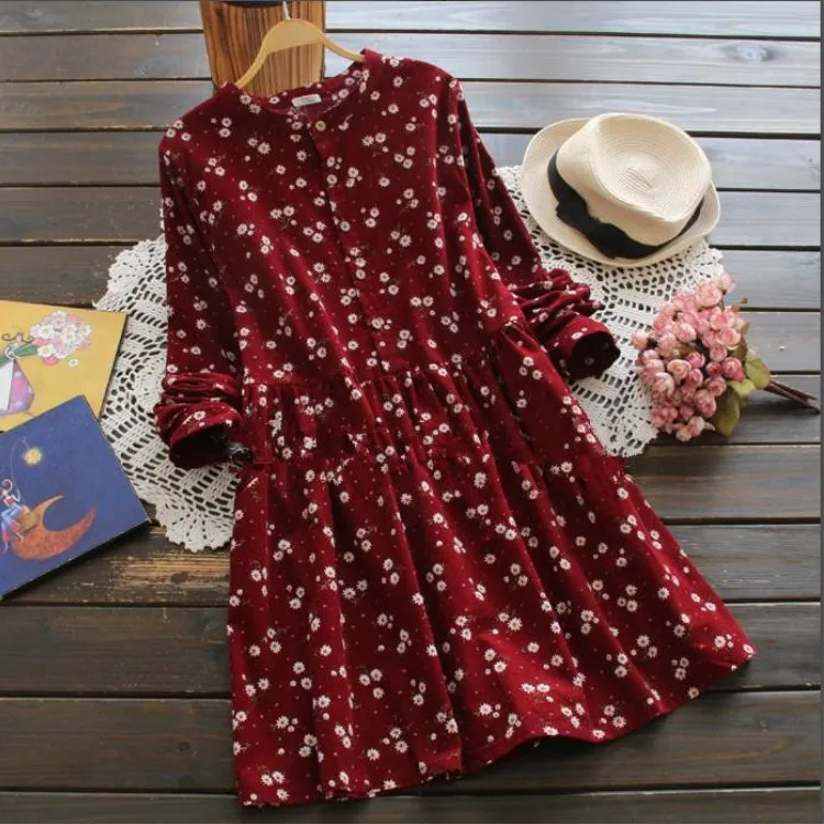 

Fashion 2019 New Autumn And Winter Dresses Red Blue Color Floral Print Long Sleeve Dress O Neck Corduroy Preppy Dress