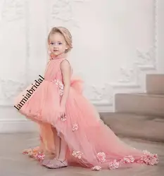 Роскошные 3D цветочный Платье в цветочек для девочек для свадьбы 2019 Line Высокая шея Высокий Низкий дешевые девушки день рождения Первое