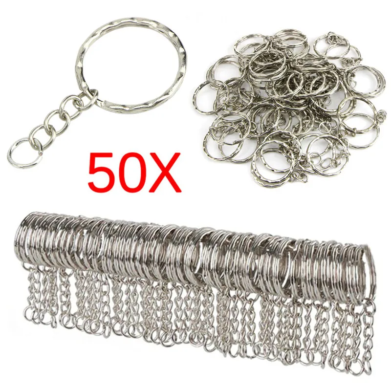 50 шт./лот, 25 мм, полированный серебряный брелок для ключей, разъемное кольцо с короткой цепочкой, брелоки для женщин и мужчин, DIY брелоки, цепочки, аксессуары
