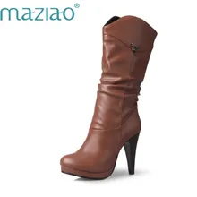 MAZIAO/женские водонепроницаемые ботинки до середины икры на высоком каблуке Женская обувь на каблуке с круглым носком высококачественные полусапожки, размер 32-46