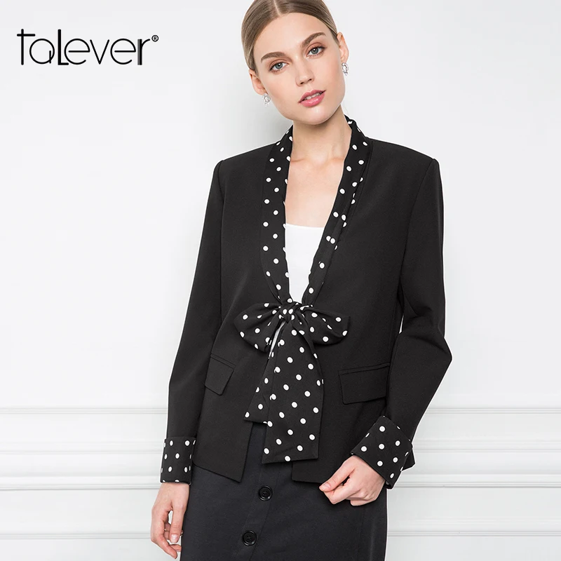 Women Autumn Blazer Female Korean Polka Dot Ribbon Slim