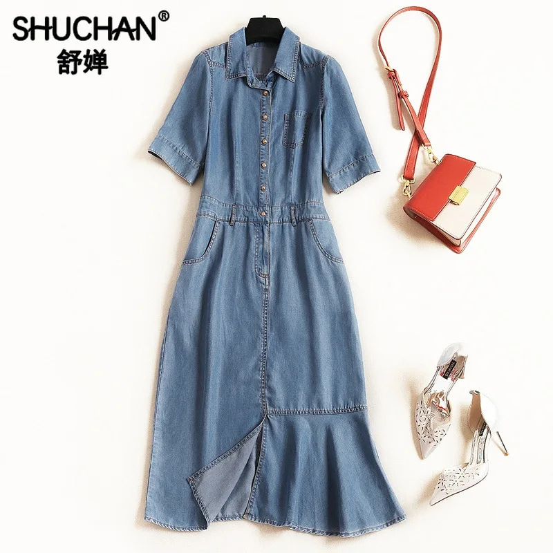 

Shuchan Fashion Trumpet / Mermaid Denim Summer Dresses Women Short Sleeve New 2019 Vestidos Casual Mujer Streetwear 11871