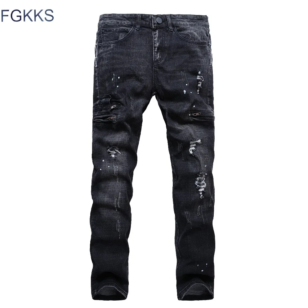 FGKKS Spring Men Moto Biker Jeans New Fashion Style Straight Slim Fit Man Denim Pants Distressed Black Jeans Male FGKKS Spring Men Moto Biker Jeans New Fashion Style Straight Slim Fit Man Denim Pants Distressed Black Jeans Male