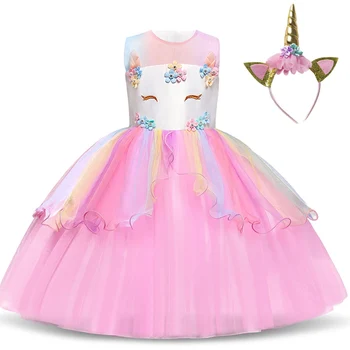 

4 8 10 Years Teens Girl Unicorn Dress Children Kids Birthday Party Dress Girl Little Girls Princess Dress Headband Baby Clothes