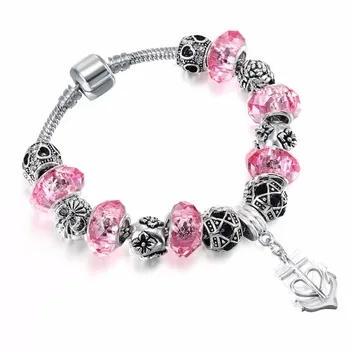 1Pcs  2016 New Female Heart Flower Bracelets Silver Plated Heart Pendant with European Beads Compatible Chain Bracelet Jewelry