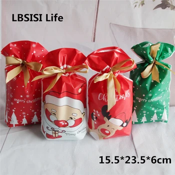 

LBSISI Life 50Pcs Christmas Plastic Drawstring Bag With Ribbon Cookie Apple Snack Candy Bags Wedding Decor Favor Gift Bags
