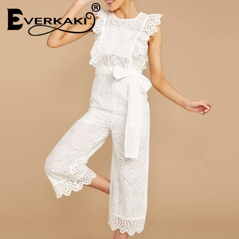 

Everkaki Cotton linen ruffled embroidery women jumpsuit Elegant hollow out sashes long jumpsuit romper Casual ladies overalls