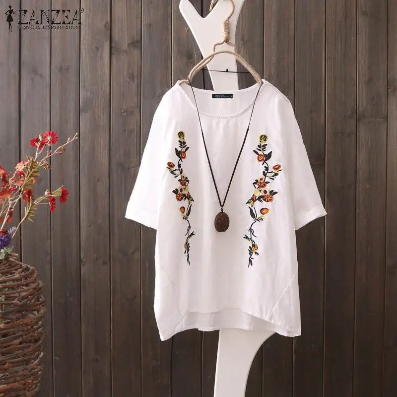 

Summer Blouse ZANZEA Women Vintage Embroidery Tops Female Short Sleeve Cotton Linen Shirt Casual Loose Party Blusas Plus Size
