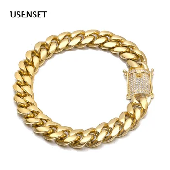 

USENSET 12MM Mens Hip Hop Gold Bracelets Simulated Bracelets Jewelry Iced Out Miami Cuban Link Chain Men Bracelet