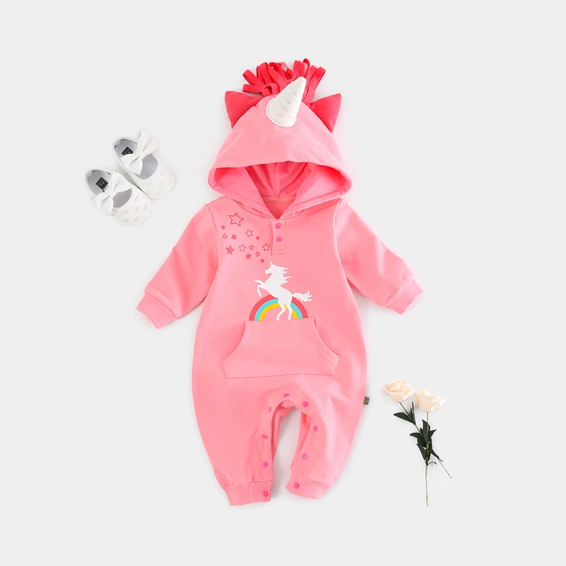 Детский костюм для маленьких девочек комбинезон новорожденного комбинезон для маленьких мальчиков одежда единорог с капюшоном хлопковый комбинезон 0-24 M ребенка Onesie - Цвет: Розовый