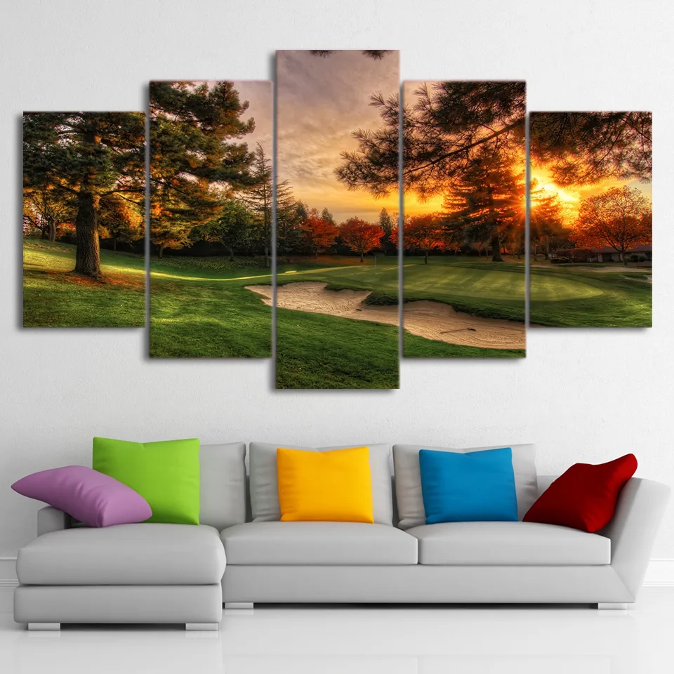 

Modular Pictures Wall Art Canvas HD Prints Poster 5 Pieces Golf Course Trees Sunset Landscape Painting Home Decor Room Framework