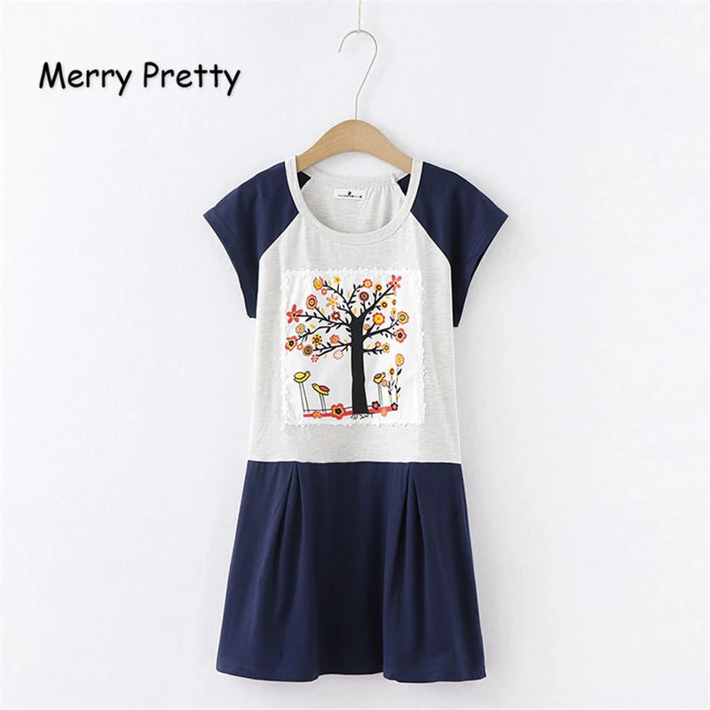 

Merry Pretty Women Cartoon Appliques A-Line Dresses Short Sleeve O-Neck Patchwork Mini Dress 2019 Women Summer Cotton Navy Dress