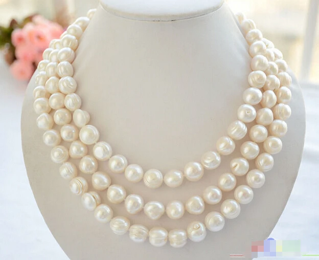 

HOT## Wholesale > P4777 3row 19" 12mm almost round white screw thread freshwater pearl necklace