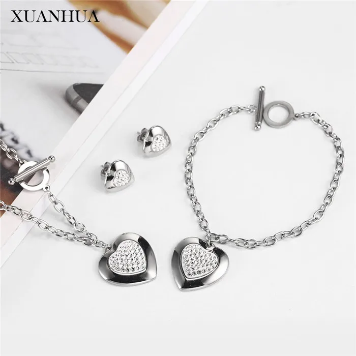 Steel color XUANHUA Ювелирные наборы из нержавеющей стали ожерелье в виде сердца браслет набор для Женская Модная бижутерия массовый эффект - Окраска металла: Steel color