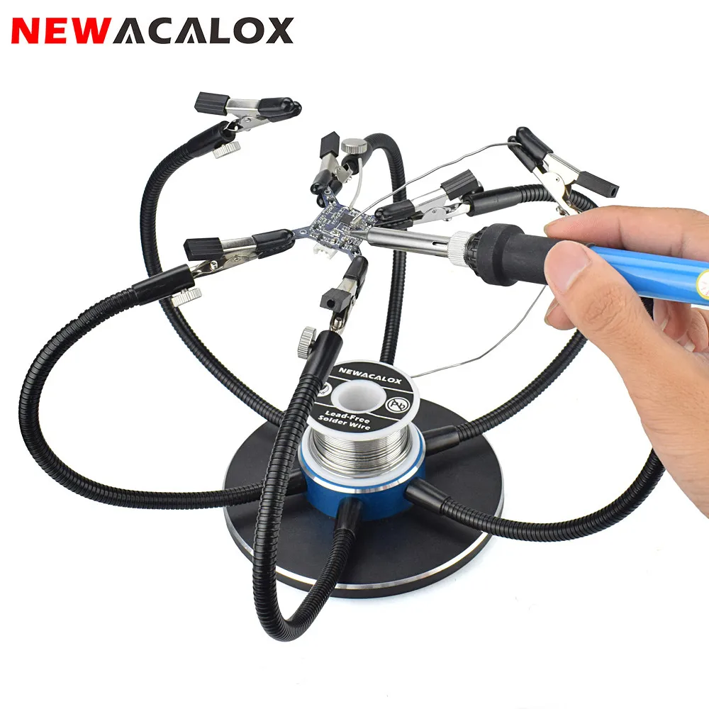 NEWACALOX Third Pana Hand Aluminum Base Soldering Station Holder with 6pcs Helping Hands 360 Degree Swiveling Clips Welding Tool NEWACALOX Third Pana Hand Aluminum Base Soldering Station Holder with 6pcs Helping Hands 360 Degree Swiveling Clips Welding Tool