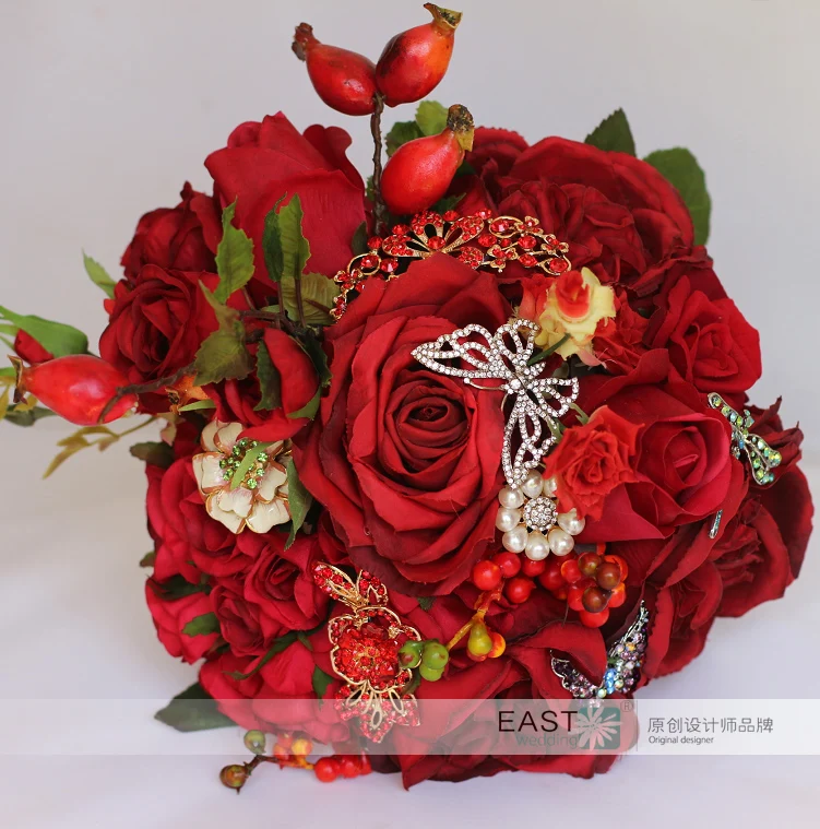 Китайский стиль, свадебный букет красных роз брошь свадебный букет ягод невесты сельский Бабочка Стрекоза Искусственный Букет